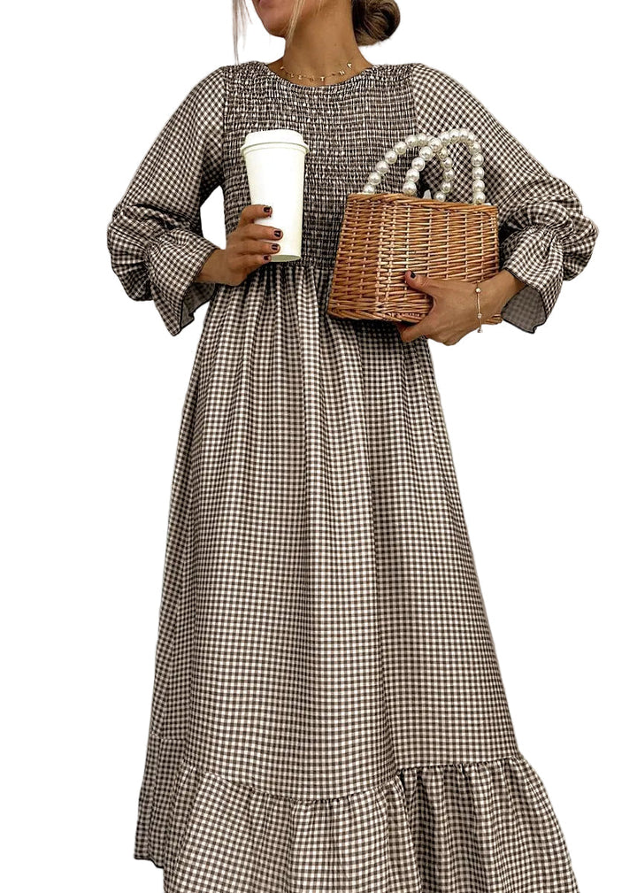 Helenee - Sukienka Maxi W Kratkę Z Okrągłym Dekoltem