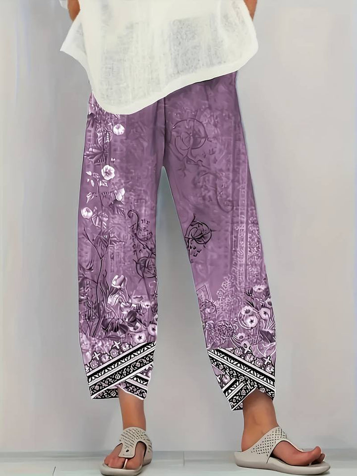 Thimasha - Spodnie Capri w Stylu Vintage w Kwiatowy Wzór z Elastycznym Paskiem