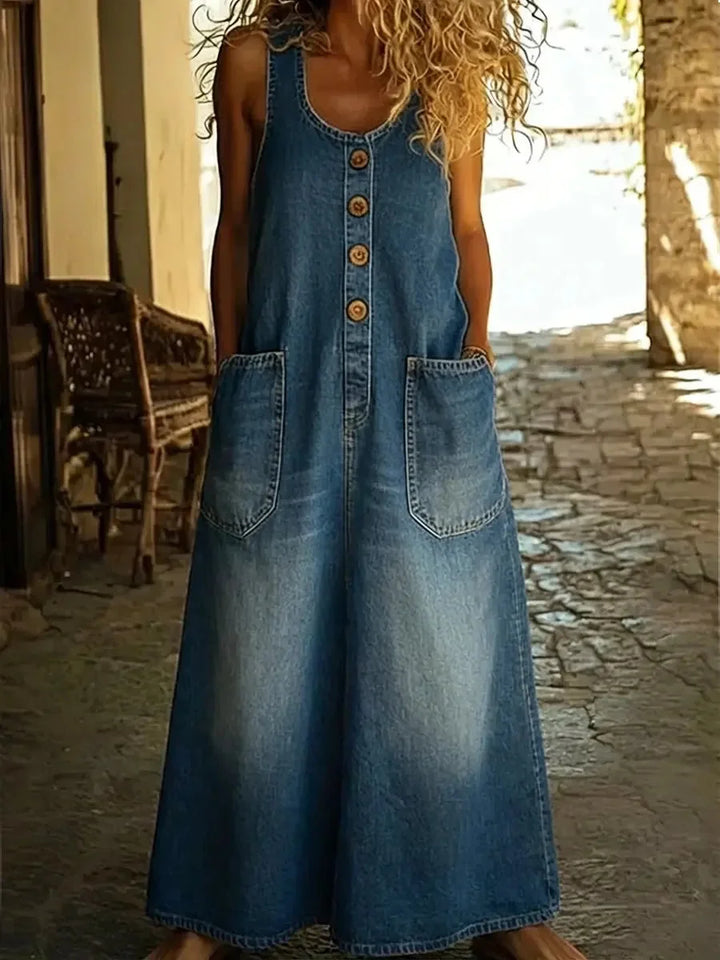 Yveta – Swobodna Bawełniana Sukienka bez Rękawów z Dżinsu
