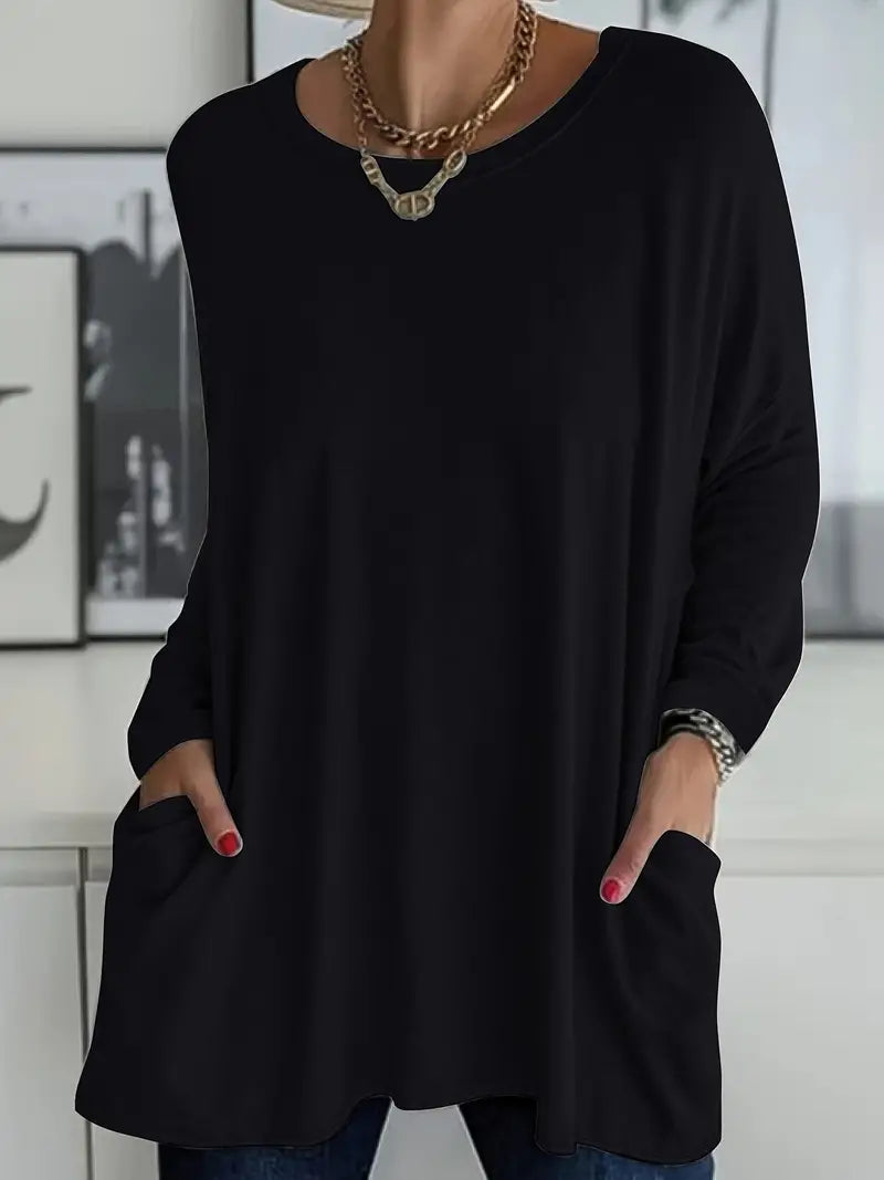 Noryn – Sweter Oversize z Okrągłym Dekoltem i Kieszeniami