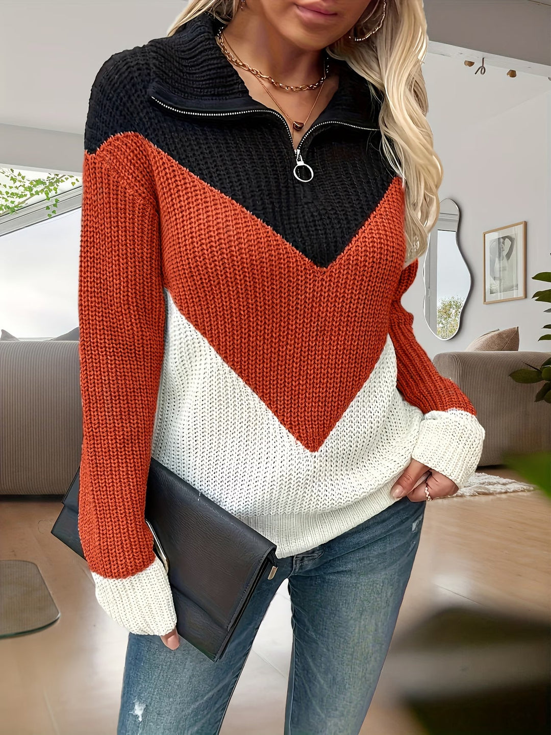 Fagina – Elegancki Sweter Z Dzianiny Z Półzamkiem