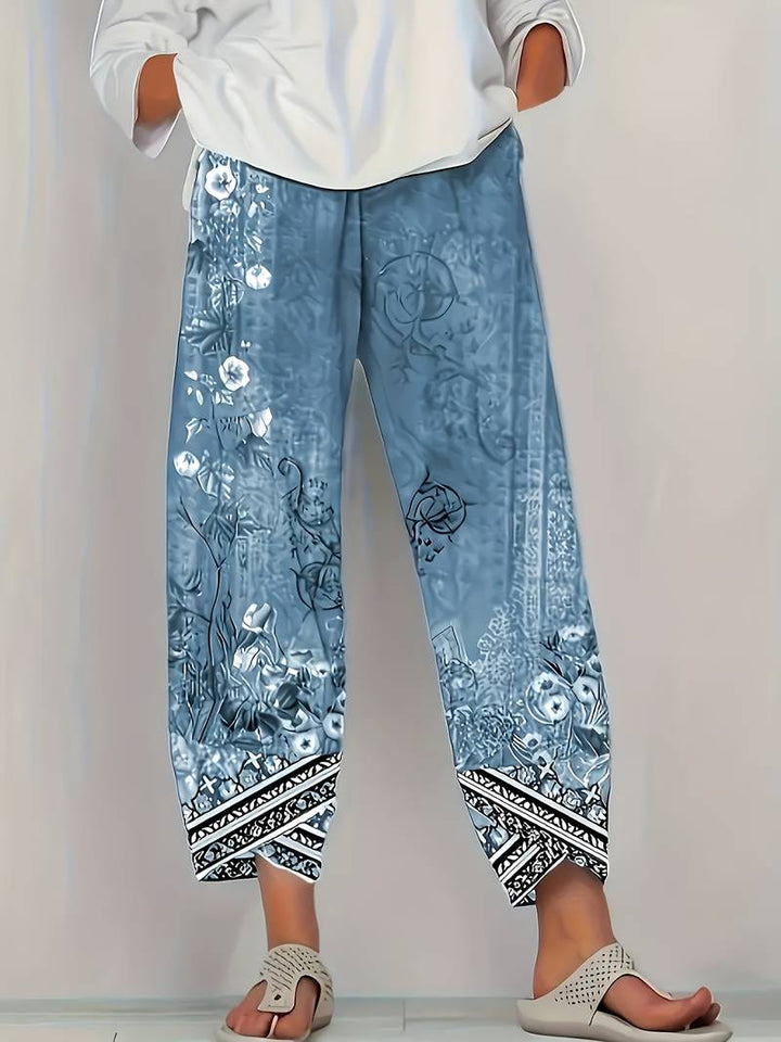Thimasha - Spodnie Capri w Stylu Vintage w Kwiatowy Wzór z Elastycznym Paskiem