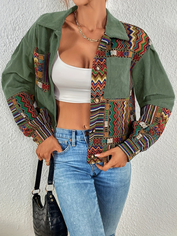 Amelina – Kurtka Z Sztruksu W Stylu Boho Z Patchworkiem, Zapinana Na Guziki