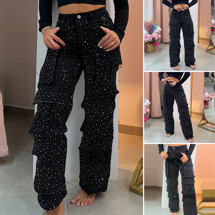 Leseli - Eleganckie Spodnie Typu Cargo Z Połyskującym Wykończeniem