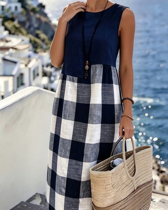 Suzina – sukienka bez rękawów w kratę w stylu patchwork