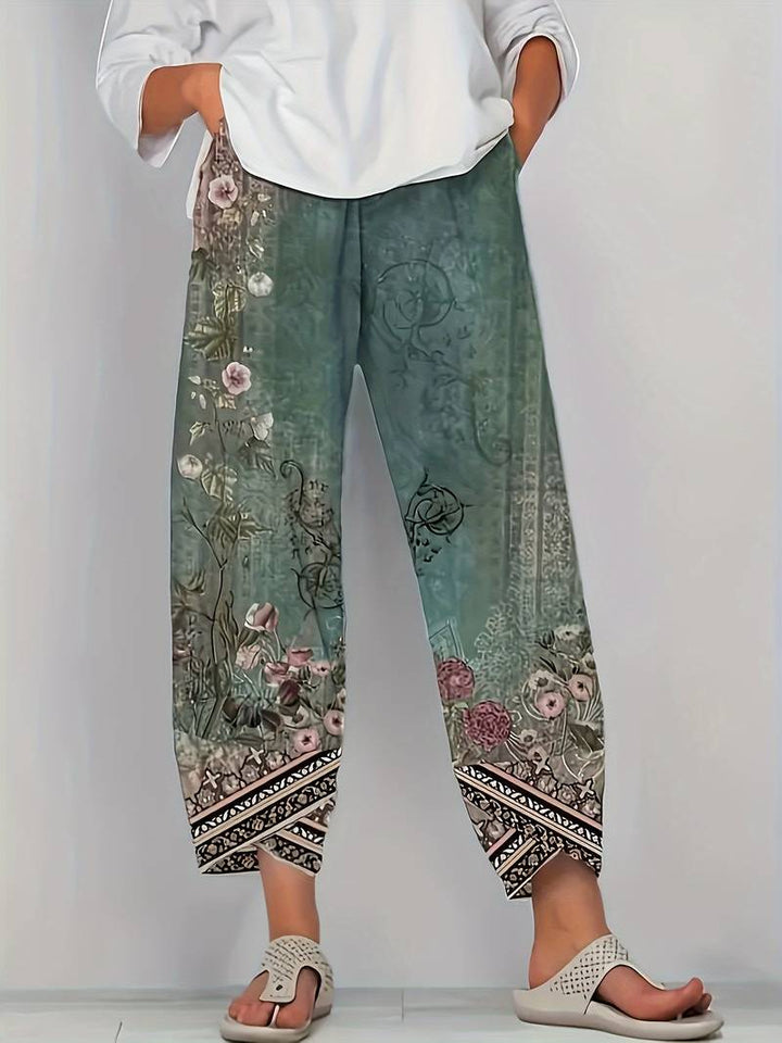 Thimasha - Spodnie Capri w Stylu Vintage w Kwiatowy Wzór z Elastycznym Paskiem