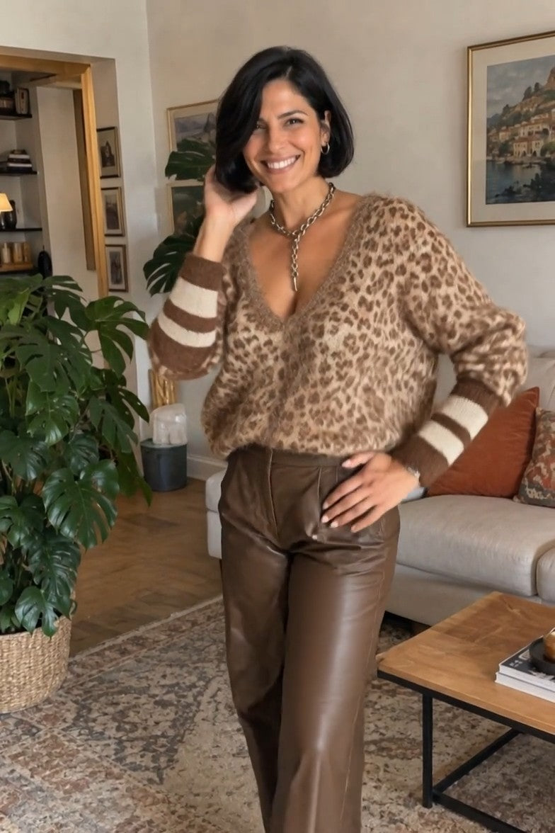 Zelinna - Camisola Com Decote Em V E Padrão De Leopardo