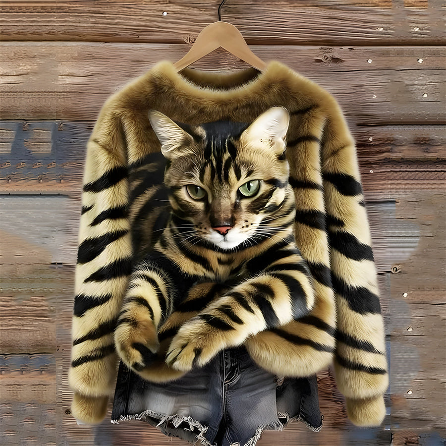 Zohara – Sweter Ze Sztucznego Futra z Nadrukiem Kota