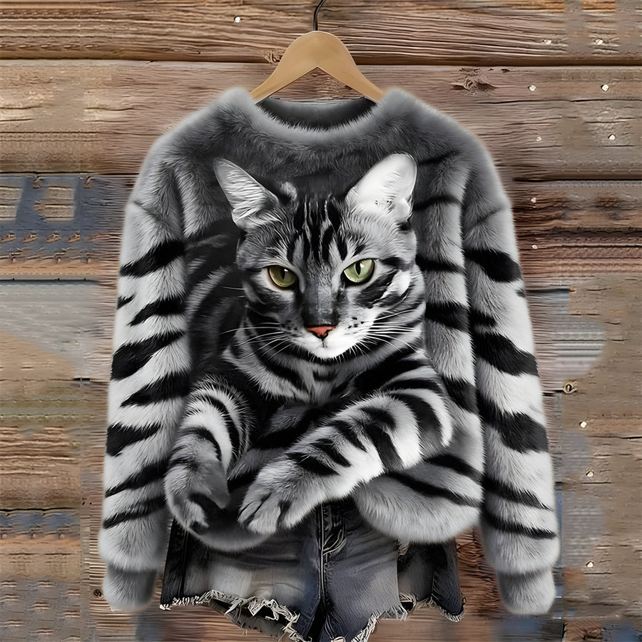 Zohara – Sweter Ze Sztucznego Futra z Nadrukiem Kota