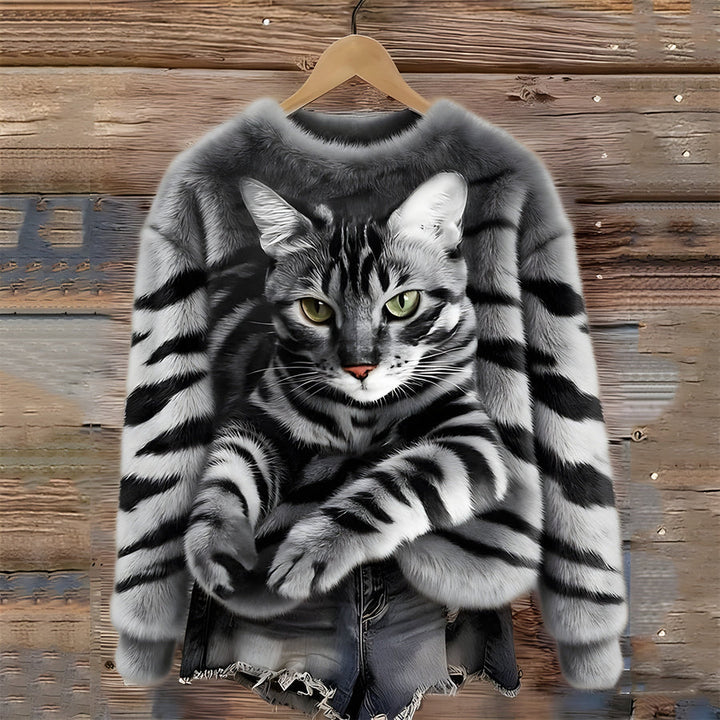 Zohara – Sweter Ze Sztucznego Futra z Nadrukiem Kota