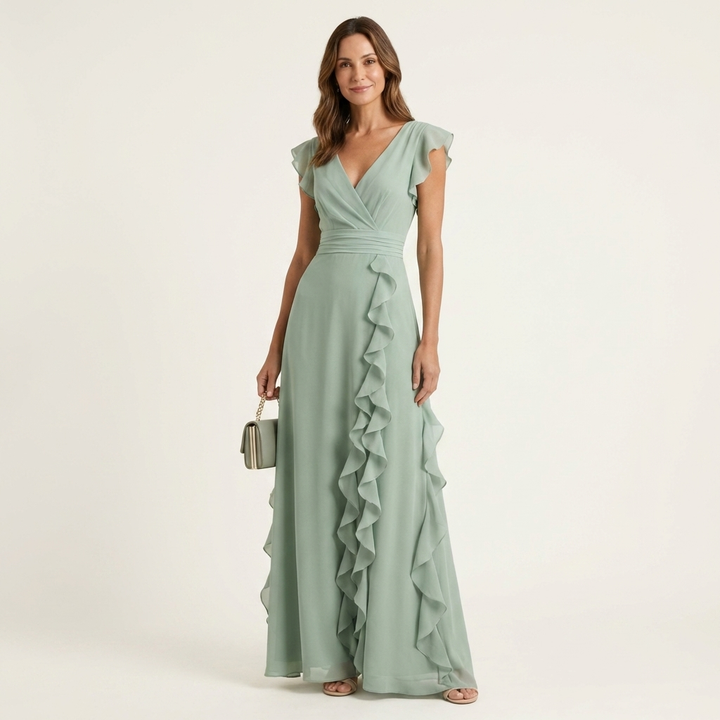 Nellyana - Swobodna Sukienka Maxi Z Dekoltem W Serek Falbaniastymi Rękawami I Falbanami