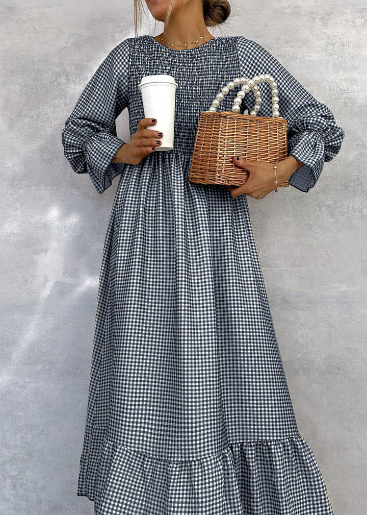 Helenee - Sukienka Maxi W Kratkę Z Okrągłym Dekoltem