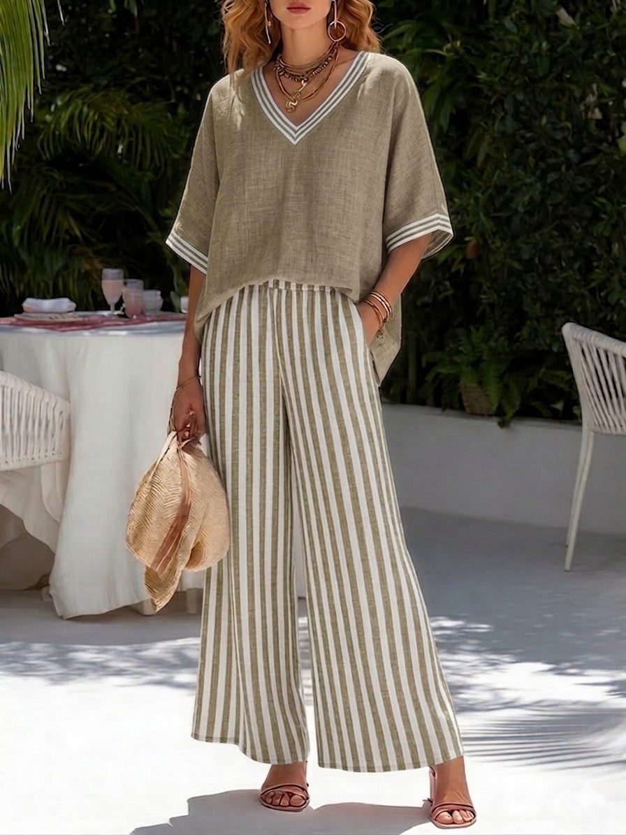 Rashika - Elegancki Zestaw z lnu i Bawełny w Paski w Stylu Casual