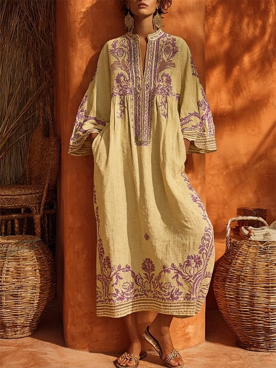 Sariana - Sukienka w Stylu Boho z Haftem i Dekoltem w Serek