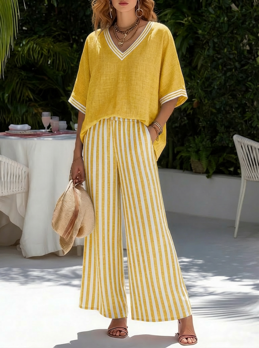 Rashika - Elegancki Zestaw z lnu i Bawełny w Paski w Stylu Casual