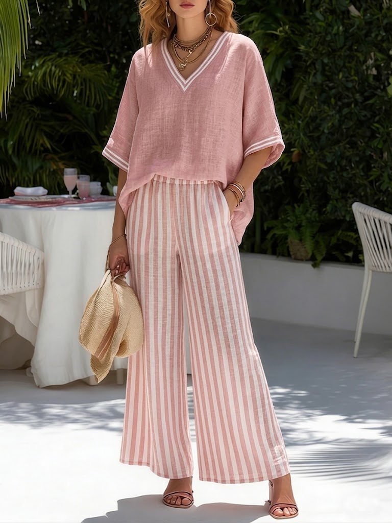 Rashika - Elegancki Zestaw z lnu i Bawełny w Paski w Stylu Casual