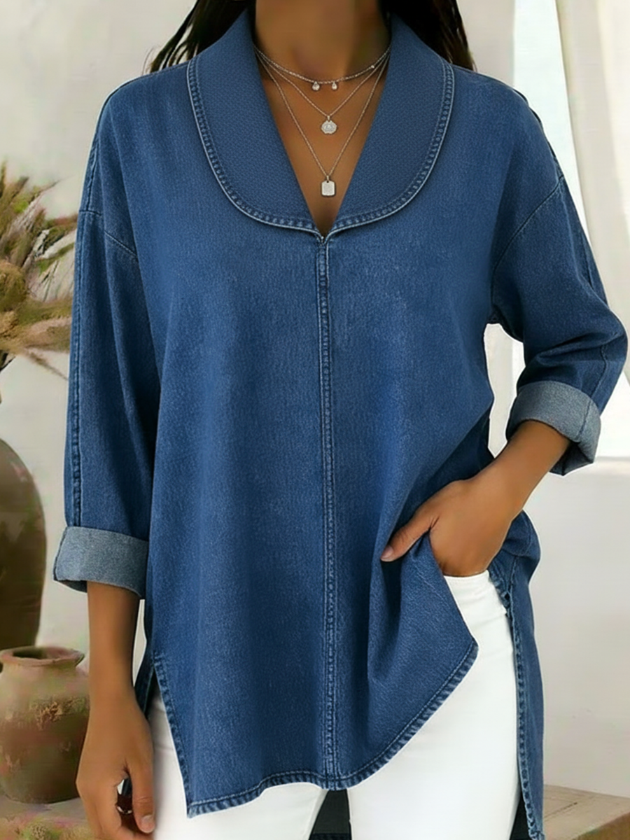Gaetanaa – Bluzka w Stylu Retro z Denimu z Szalowym Kołnierzem