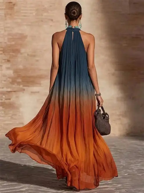 Naeela – Długa Sukienka z Dekoltem Typu Halter/w Kształcie Litery V i Efektem Ombre