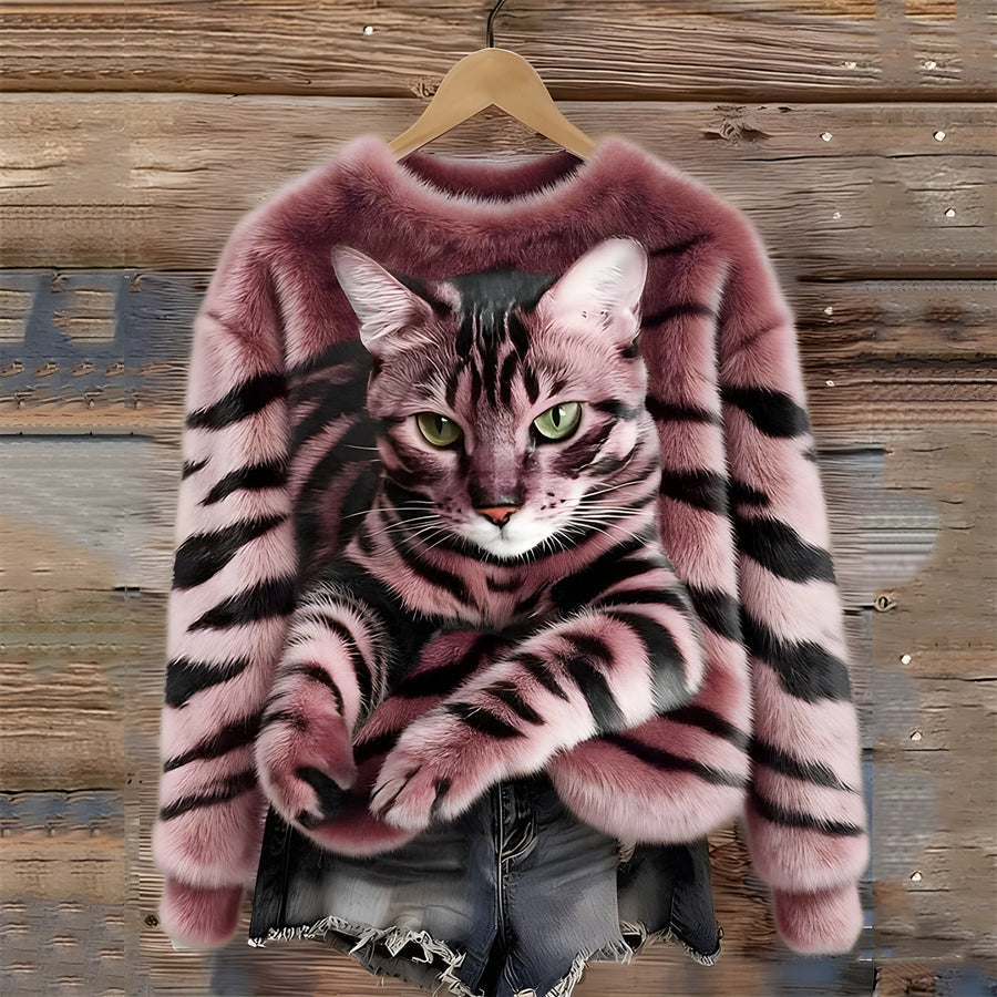 Zohara – Sweter Ze Sztucznego Futra z Nadrukiem Kota