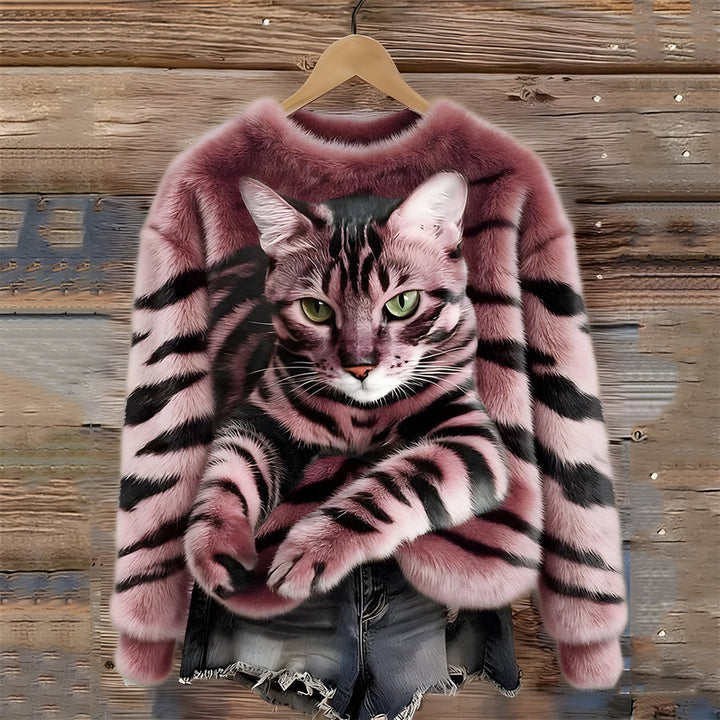 Zohara – Sweter Ze Sztucznego Futra z Nadrukiem Kota