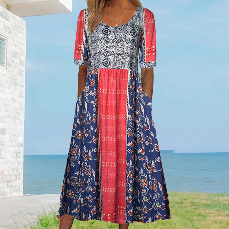 Dinara - Elegancka Sukienka z Nadrukiem w Stylu Boho