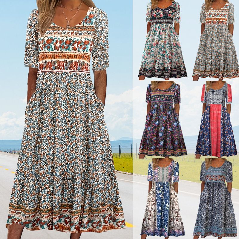 Dinara - Elegancka Sukienka z Nadrukiem w Stylu Boho