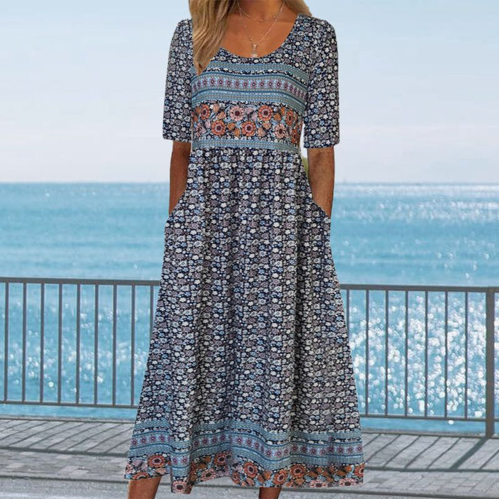 Dinara - Elegancka Sukienka z Nadrukiem w Stylu Boho