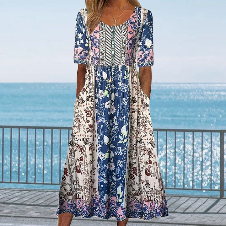 Dinara - Elegancka Sukienka z Nadrukiem w Stylu Boho