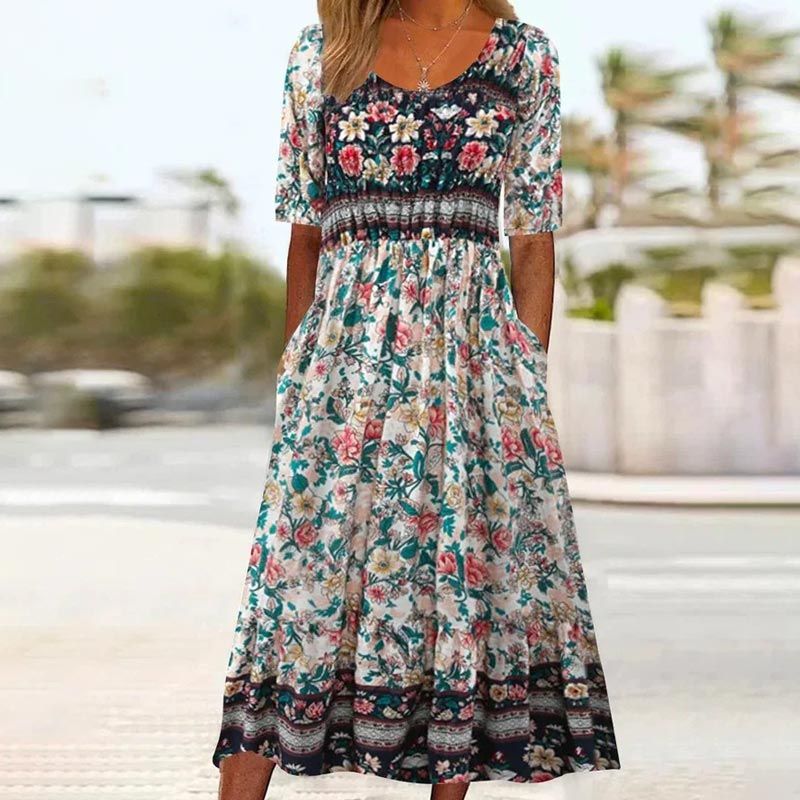 Dinara - Elegancka Sukienka z Nadrukiem w Stylu Boho