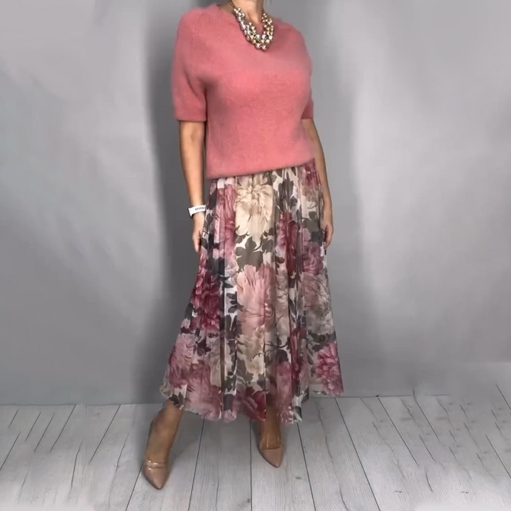 Nirosha - Elegancka Bluzka z Kwiatowym Wzorem i Spódnica Midi