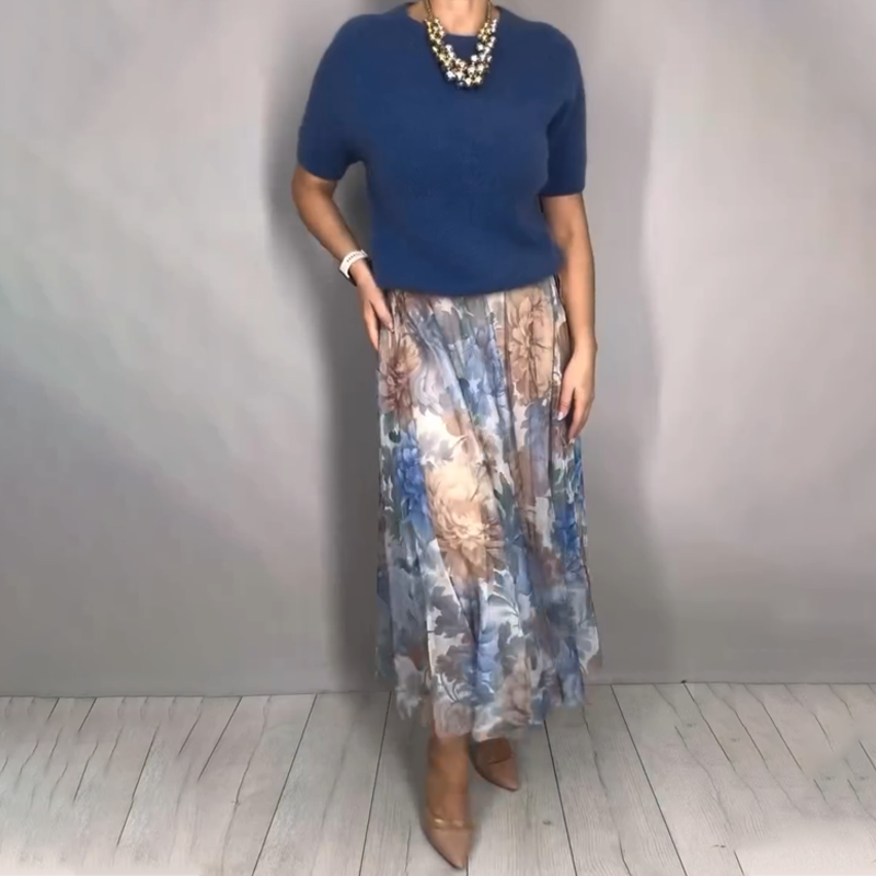 Nirosha - Elegancka Bluzka z Kwiatowym Wzorem i Spódnica Midi