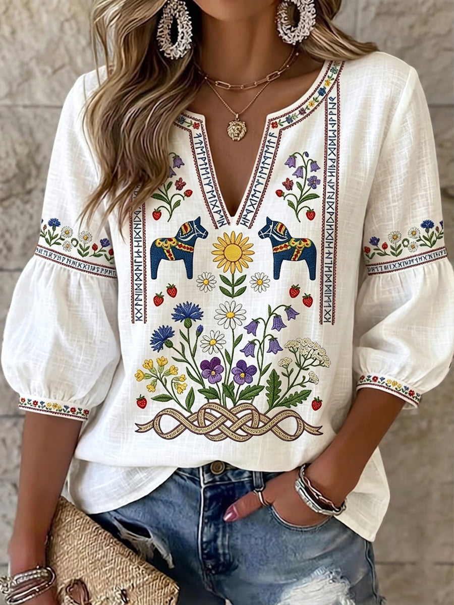 Nirilia – Bluzka w Stylu Vintage z Kwiatowym Wzorem i Dekoltem w Serek