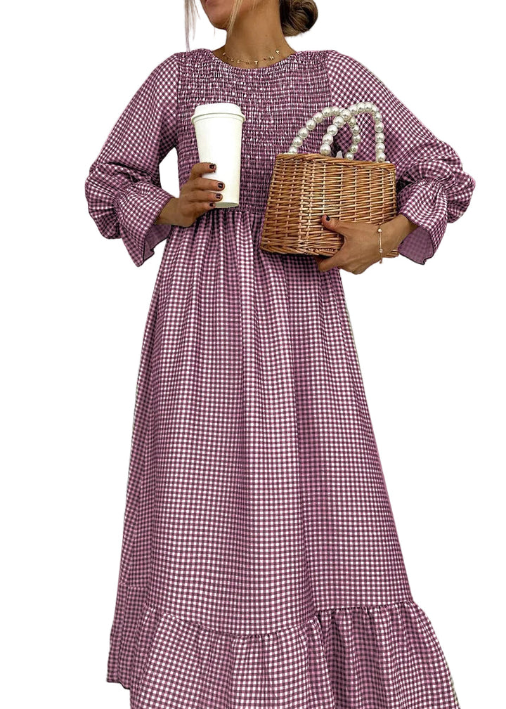 Helenee - Sukienka Maxi W Kratkę Z Okrągłym Dekoltem