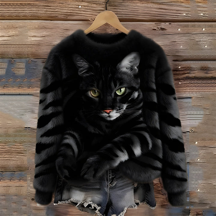 Zohara – Sweter Ze Sztucznego Futra z Nadrukiem Kota